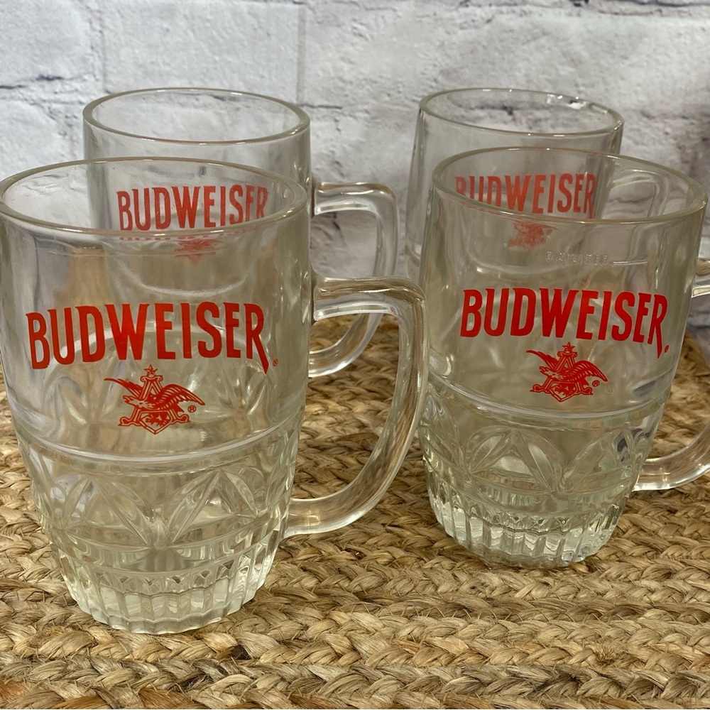Rare Vintage Set of 4 BUDWEISER Collectable Heavy Sturdy Glass Barrel Mug 16oz